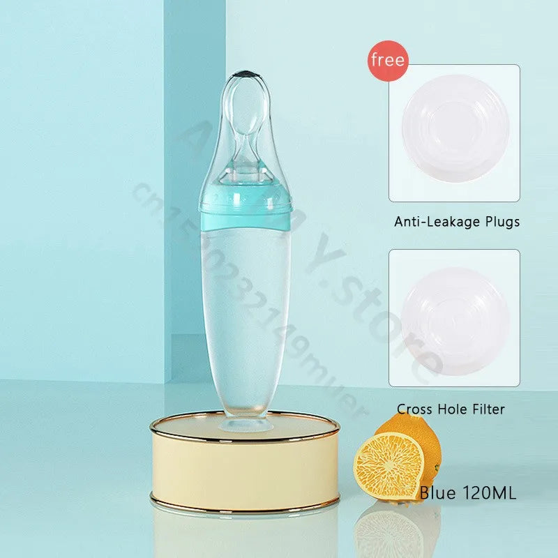 Blue baby bottle with anti-leakage plugs and cross hole filter on a light blue background