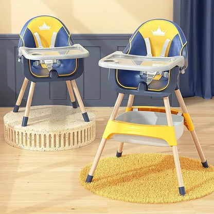 Two high chairs with blue and yellow seats on a wooden floor.
