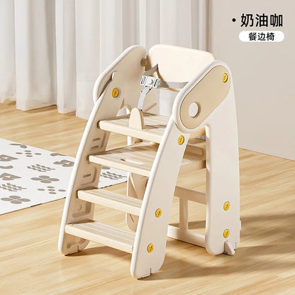 Children's wooden chair with steps on a wooden floor