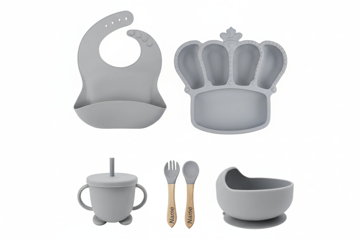 Gray baby utensil set on white background
