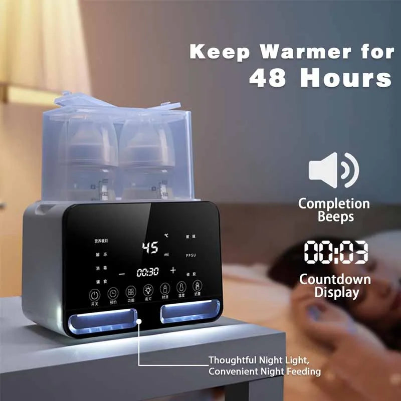 Baby bottle warmer with digital display and night light feature, placed on a surface with a blurred background.