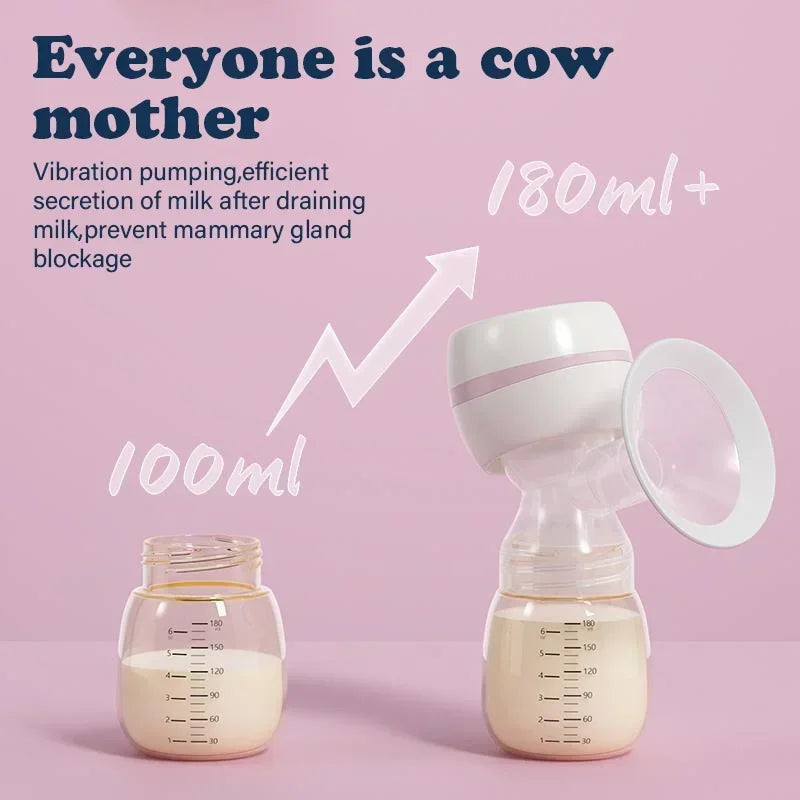 Breast pump with milk collection jars on a pink background, highlighting milk volume and pumping efficiency.