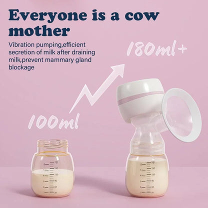 Breast pump with milk collection jars on a pink background, highlighting milk volume and pumping efficiency.