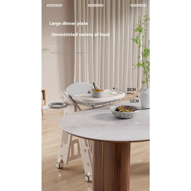 Dining table with a large dinner plate and various food items on a light-colored floor.