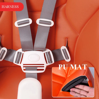 Orange seat with gray harness and white buckle, inset showing a PU mat.