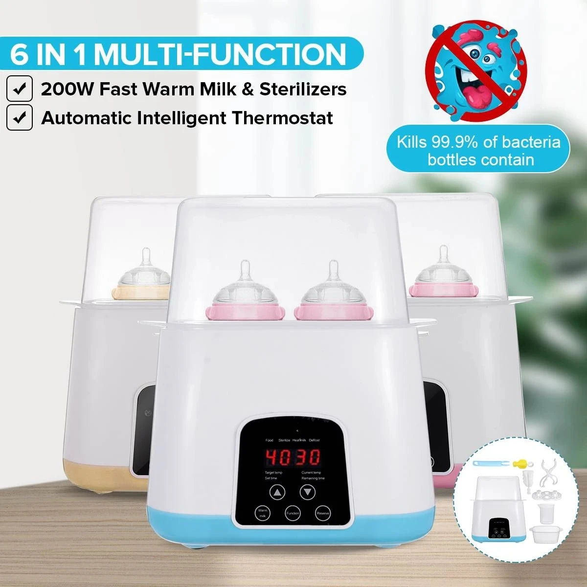 Baby bottle warmer with digital display and multiple bottles on a wooden surface.