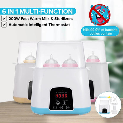Baby bottle warmer with digital display and multiple bottles on a wooden surface.
