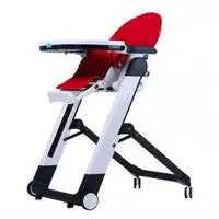 Red and white high chair with black base on a white background