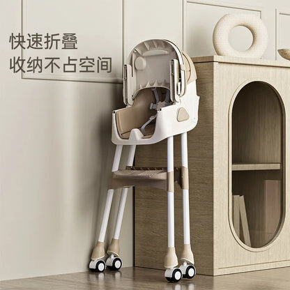 Children's high chair with wheels in a minimalistic room setting