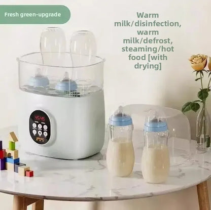 Baby bottle warmer with bottles on a marble surface, featuring text about its functions.