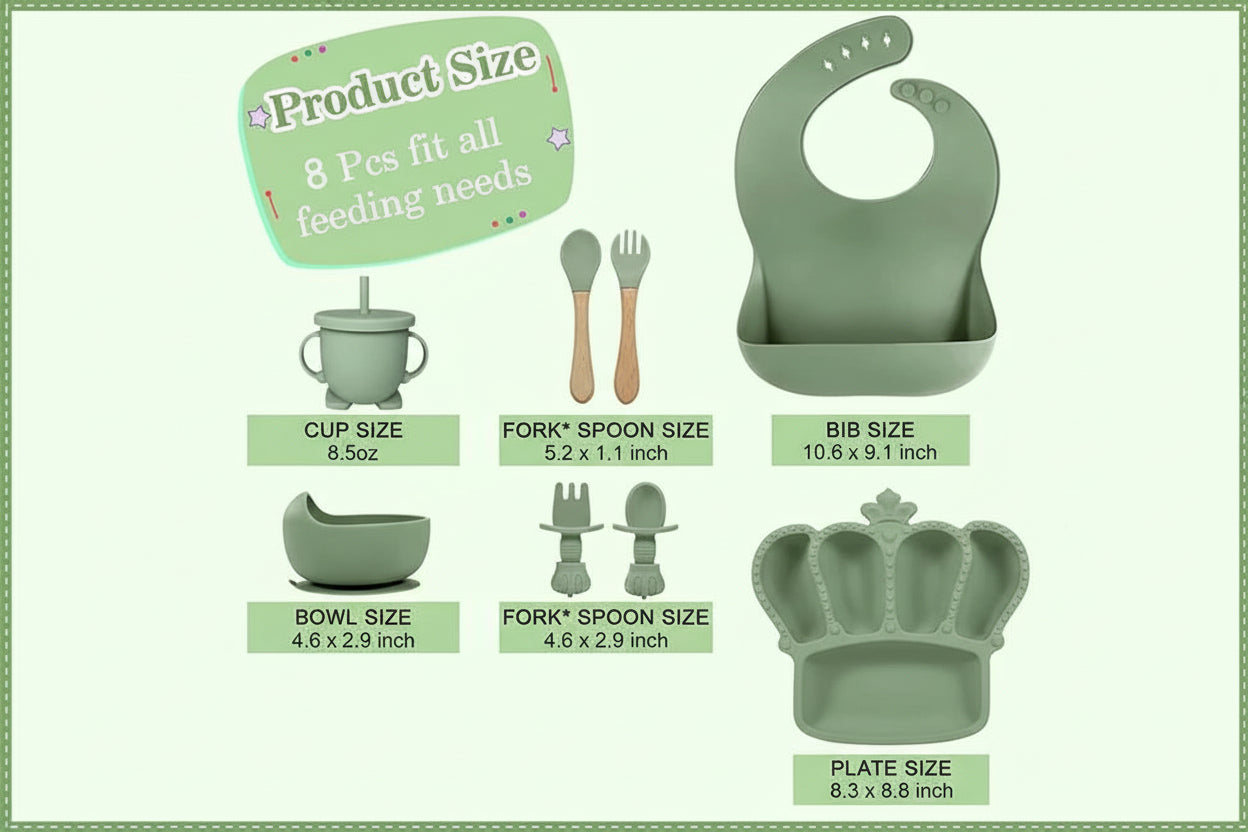 Set of green baby feeding utensils and accessories with product sizes displayed.