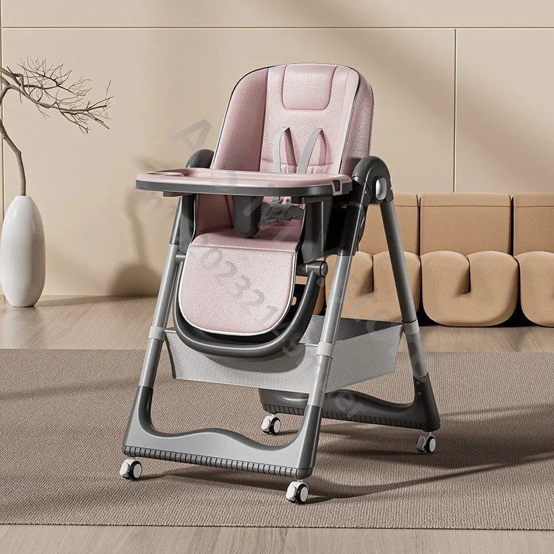 Pink and gray high chair in a room with a beige sofa and decorative plant.