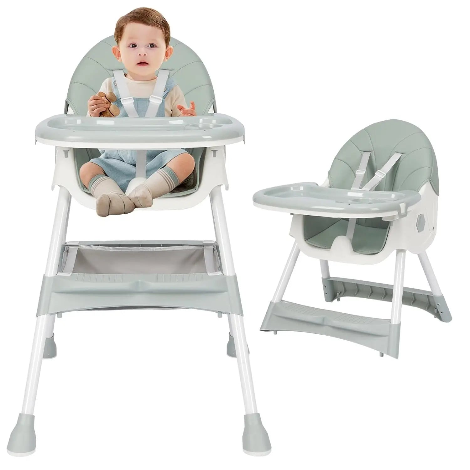 Baby in a gray high chair with a tray, on a white background