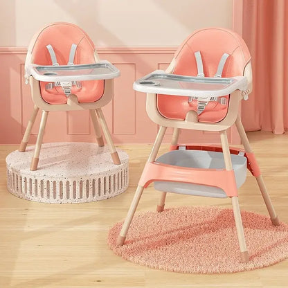 Two high chairs with pink seats and wooden frames on a light wood floor.