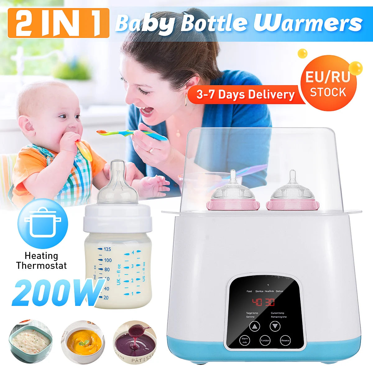 2-in-1 baby bottle warmer with a woman and child, and product details on a white background.