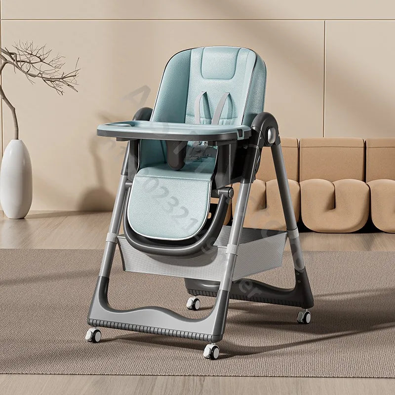 Baby high chair with tray in a living room setting