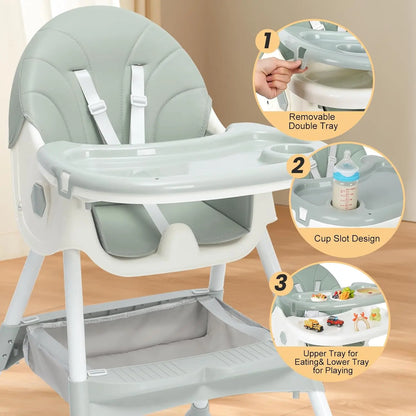 Gray baby high chair with features highlighted on a wooden floor.