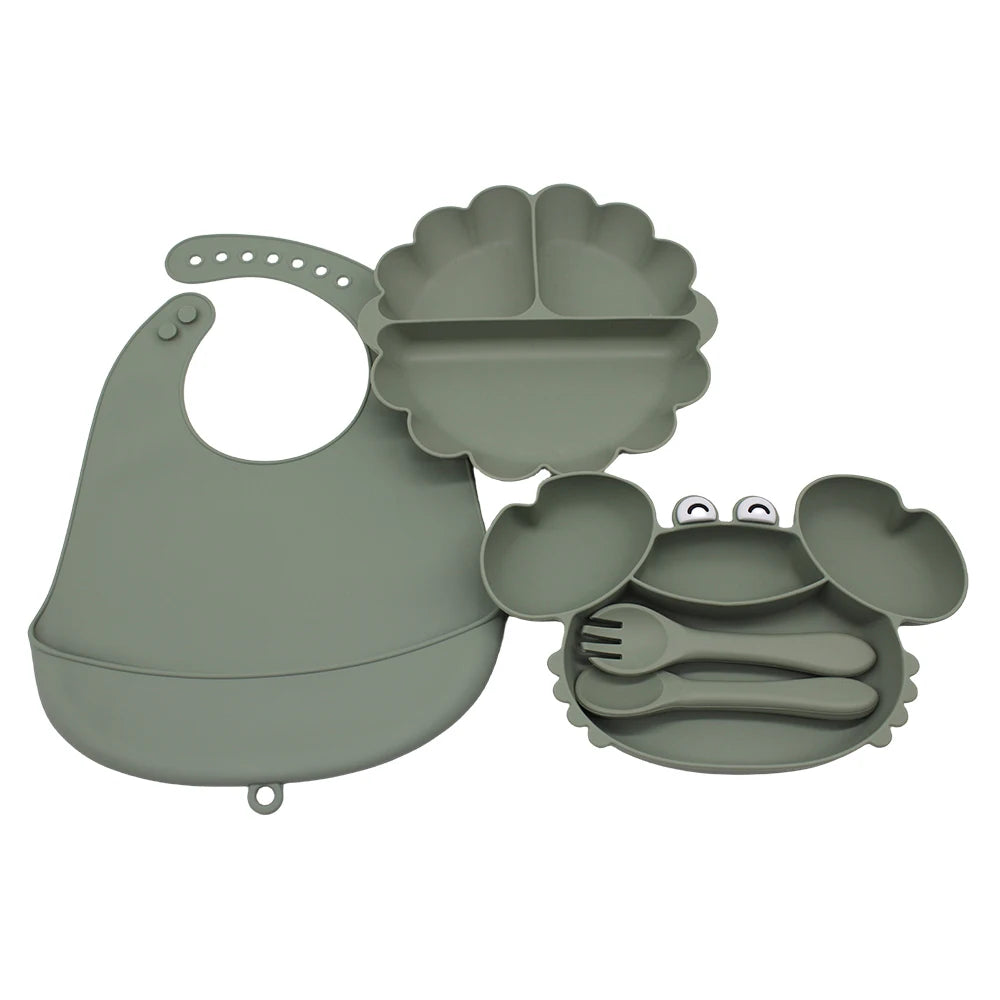 Baby Weaning Set - Pumpkin Divided Plate, Suction Bowl & Bib | Self-Feeding Tableware