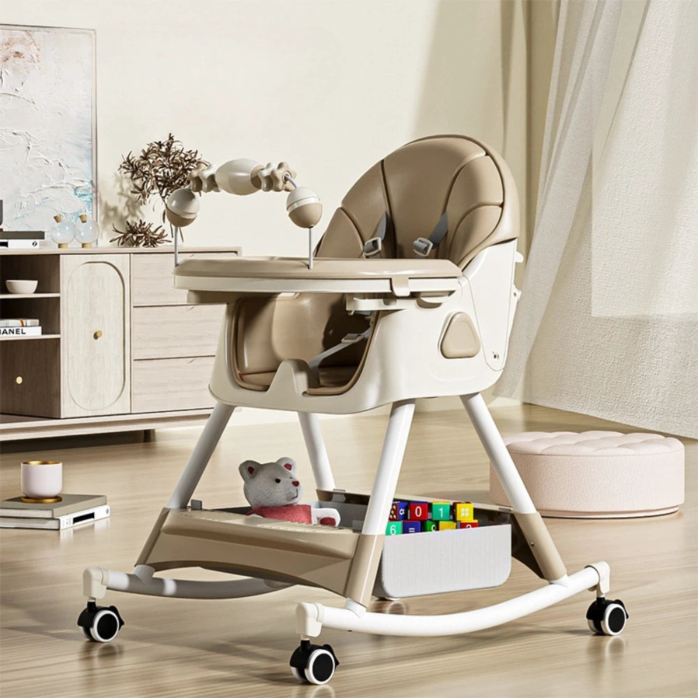 Beige high chair with tray and wheels in a room setting