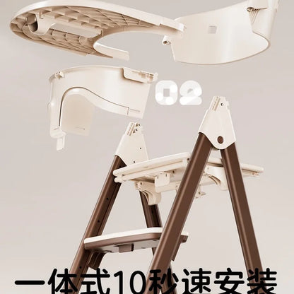 Foldable chair with a white seat and brown legs on a light gray background