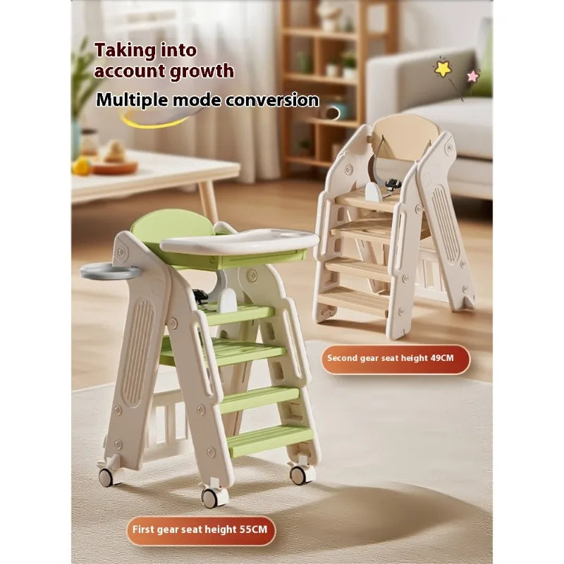 Children's multi-stage high chair with height adjustment labels in a home setting.