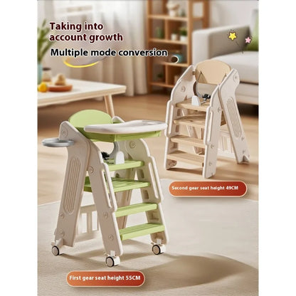Children's multi-stage high chair with height adjustment labels in a home setting.