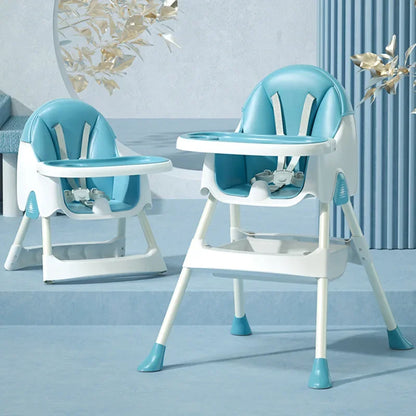 Blue and white high chairs on a light blue floor with decorative elements.