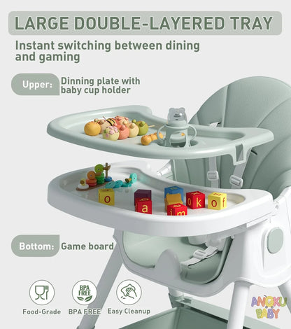 Baby high chair with large double-layered tray for dining and gaming, featuring a dining plate with baby cup holder and a game board.