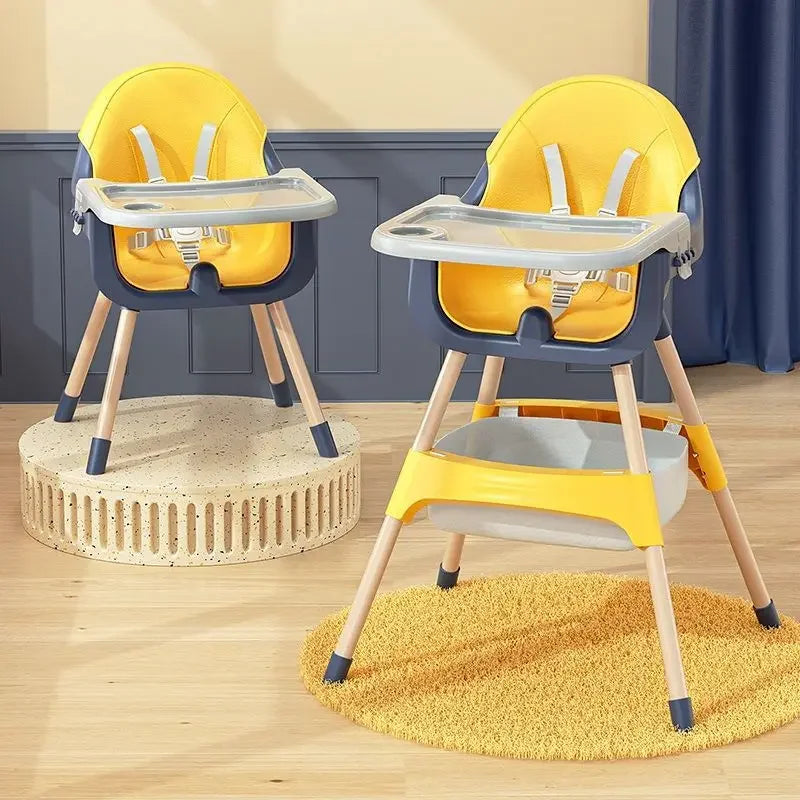 Two yellow high chairs with blue accents on a wooden floor.
