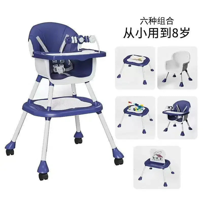 Blue and white children's high chair with multiple views on a white background