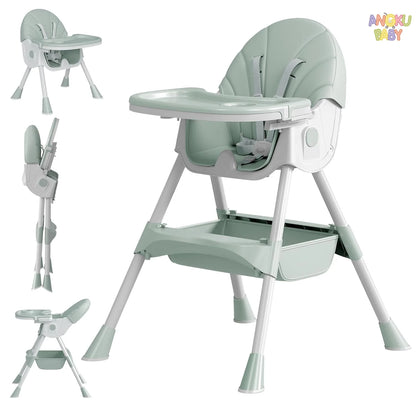 Green baby high chair with multiple views on a white background