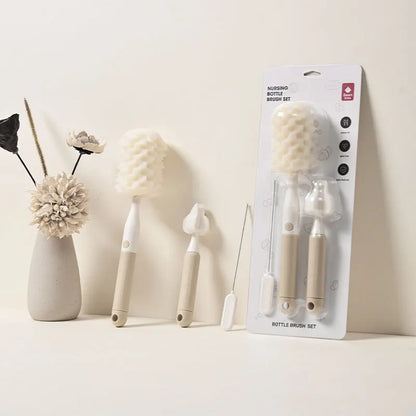 3-in-1 Baby Bottle Brush Set | Sponge & Nipple Cleaner with Long Handle