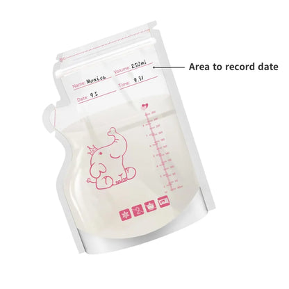 Breast milk storage bag with measurement markings and text on a white background