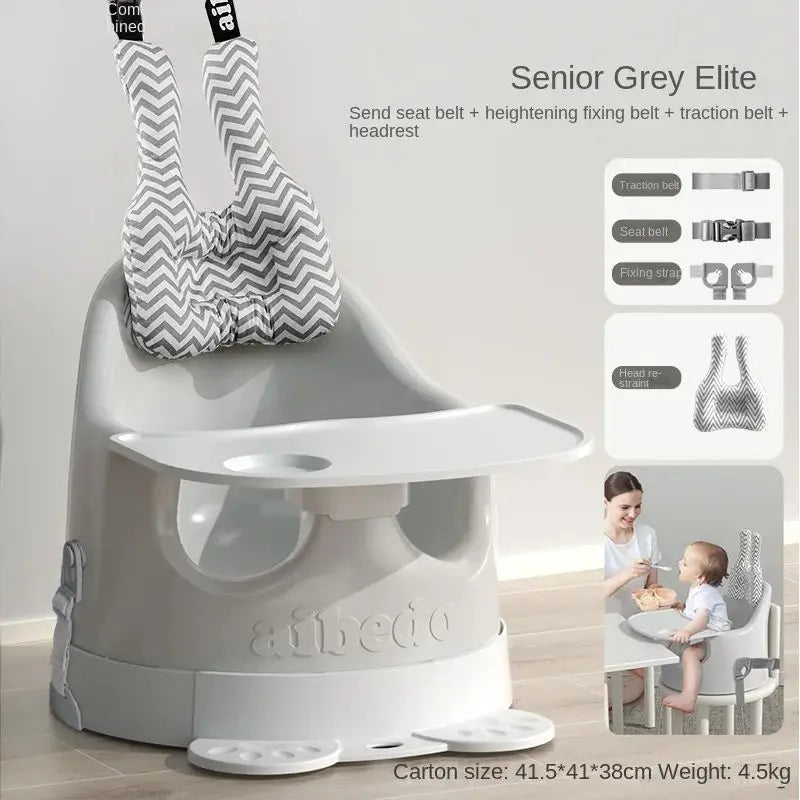 Children's booster seat with additional features and usage scenario on a light background
