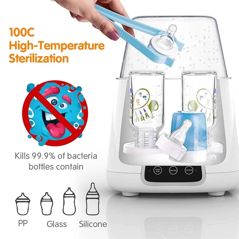 Baby bottle sterilizer with text highlighting high-temperature sterilization and product features.