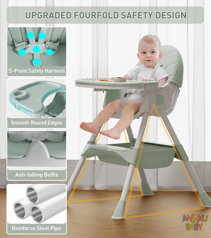 Baby in a high chair with safety features highlighted and ANKU BABY branding.