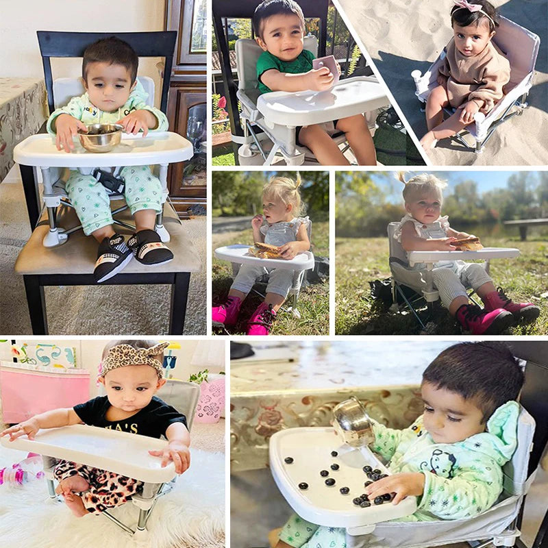 Collage of children using a high chair in various settings
