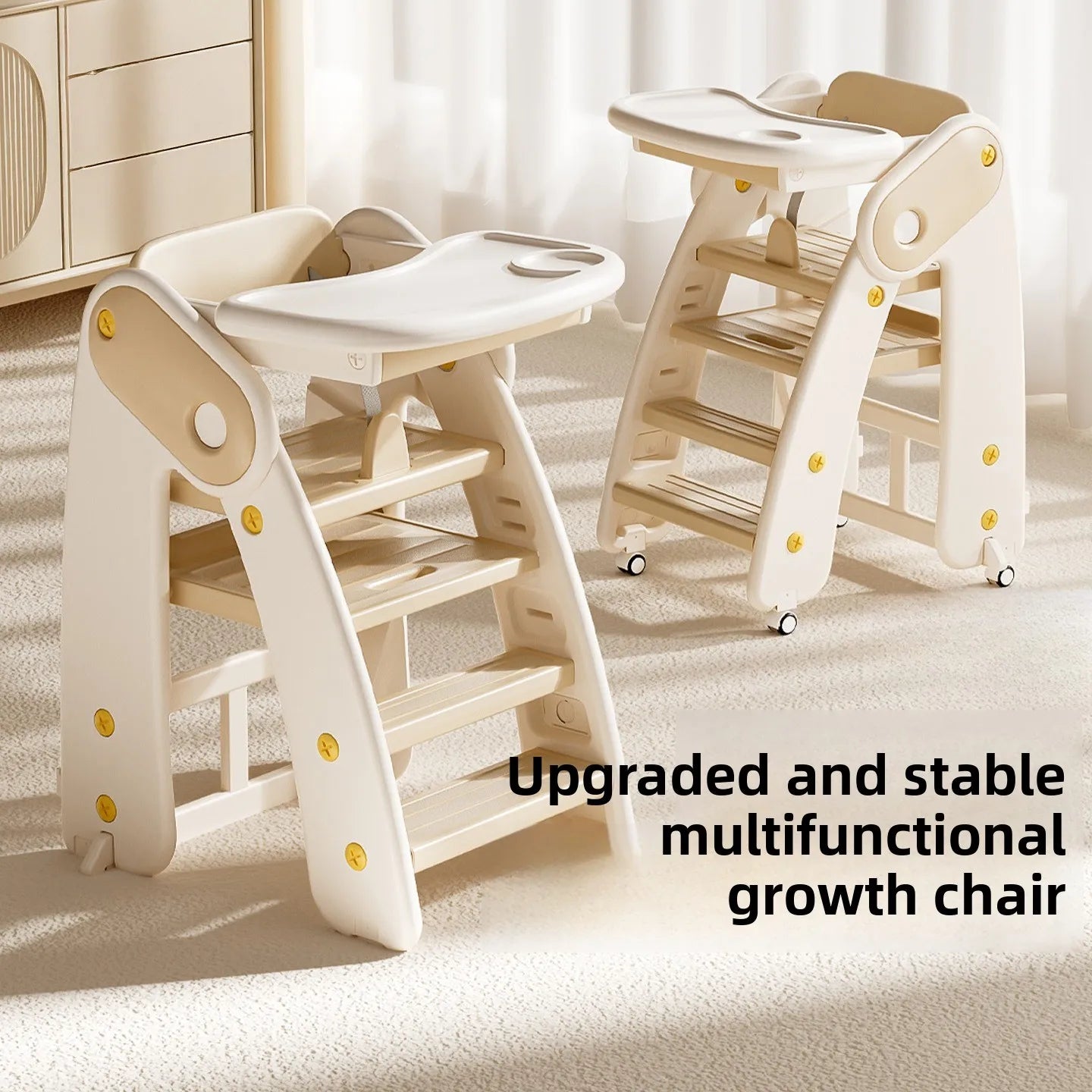 Multifunctional growth chair with white tray and beige frame on a light background