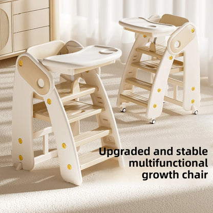 Multifunctional growth chair with white tray and beige frame on a light background