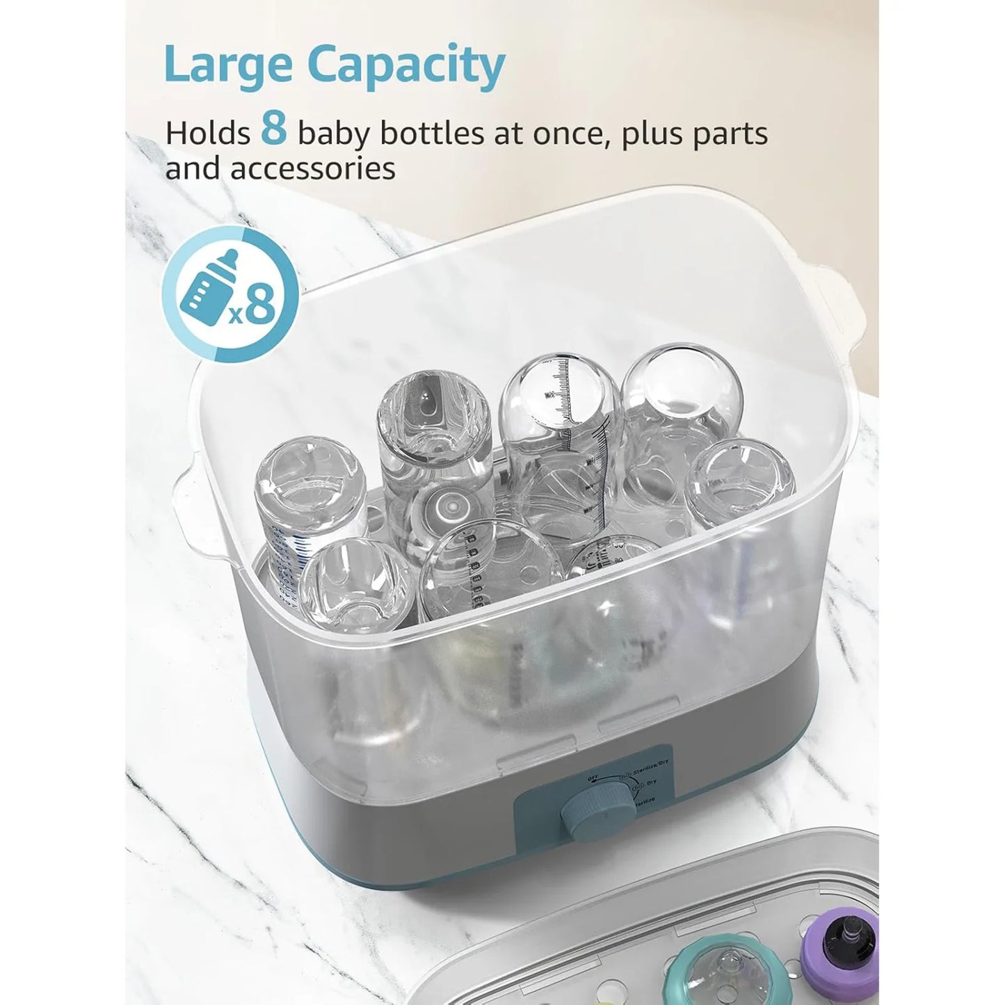 Baby bottle sterilizer with clear containers holding baby bottles and accessories, labeled 'Large Capacity Holds 8 baby bottles at once, plus parts and accessories'.