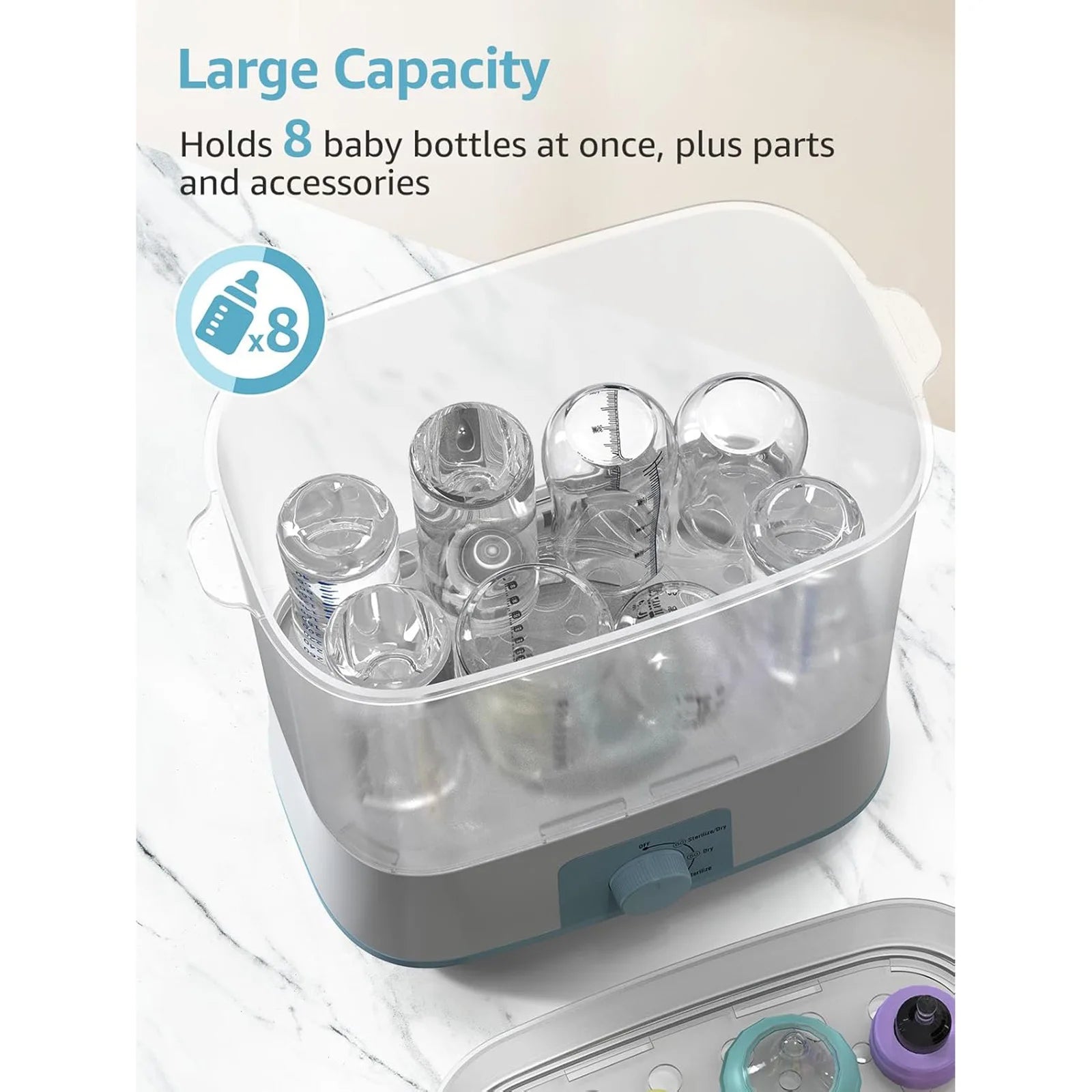 Baby bottle sterilizer with clear containers holding baby bottles and accessories, labeled 'Large Capacity Holds 8 baby bottles at once, plus parts and accessories'.