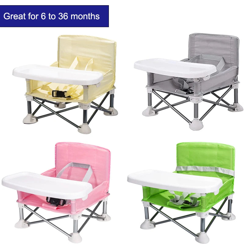 Four colorful baby chairs with trays on a white background
