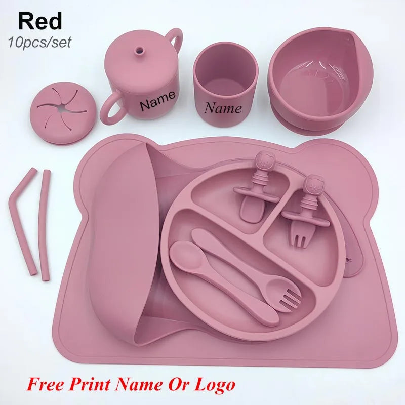 Silicone Baby Feeding Set 10Pcs Children Tableware Set Personalized Name Plates Bowls Placemats Spoon Fork For Kids Newborn Gift