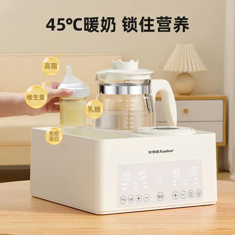 Baby bottle warmer on a wooden surface with a hand holding a baby bottle, surrounded by text and product features.