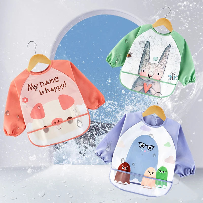 Long Sleeve Baby Bib - Waterproof Cartoon Feeding Apron for 0-3 Years