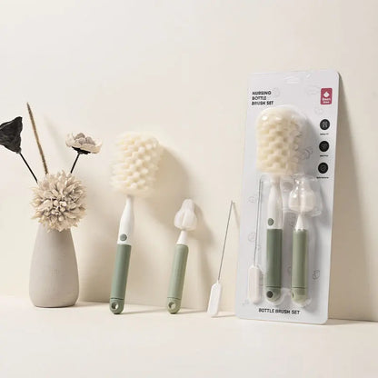 3-in-1 Baby Bottle Brush Set | Sponge & Nipple Cleaner with Long Handle