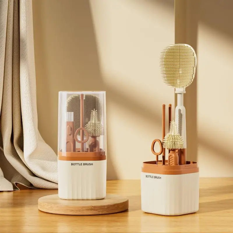 Two bottle brush sets on a wooden surface with a neutral background