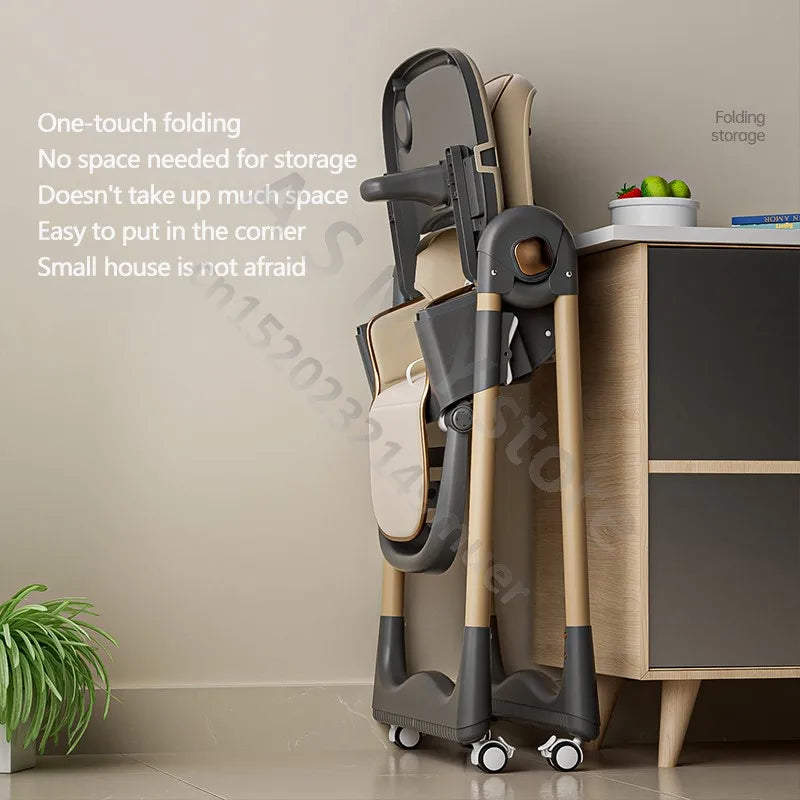 Foldable chair against a wall with text highlighting its features.