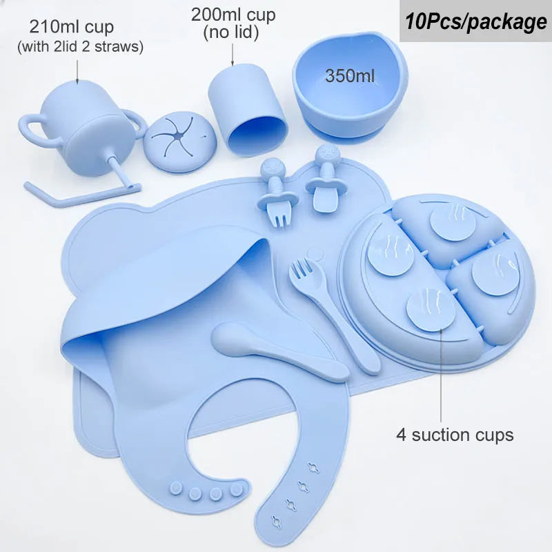 Blue baby feeding and sipping set with various components on a white background
