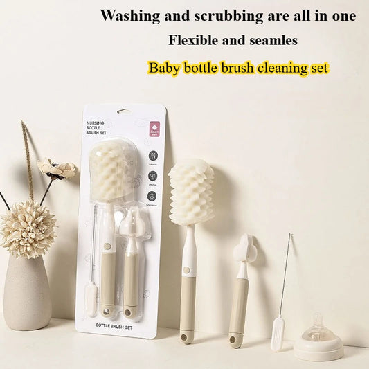 3-in-1 Baby Bottle Brush Set | Sponge & Nipple Cleaner with Long Handle